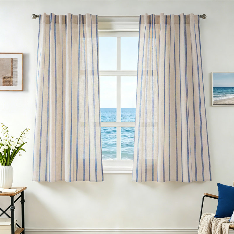Farmhouse Striped Linen Blend Textured Light Filtering Semi Sheer Rod Pocket Back Tab Curtains, 52" W x 54" L, Navy