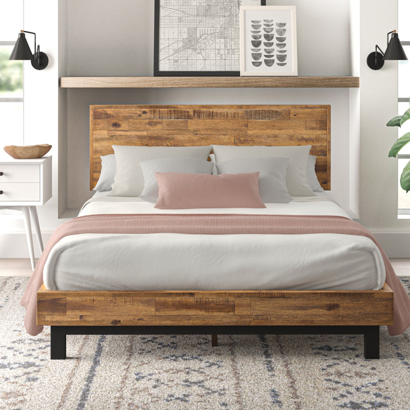 Base de lit plateforme en bois massif avec tête de lit réglable Lirim, Très grand, Brun