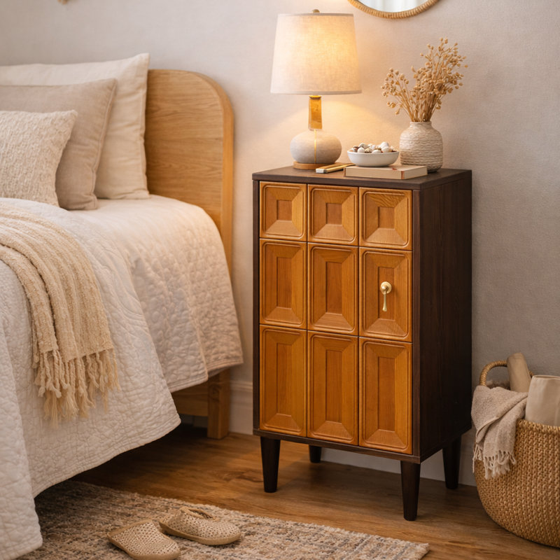 Commode d'appoint à panneau simple à porte géométrique Jahey avec pieds en bois massif, style Mid-Century