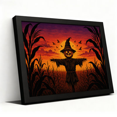 Épouvantail citrouille dans un champ de maïs au coucher du soleil - Toile murale d'Halloween