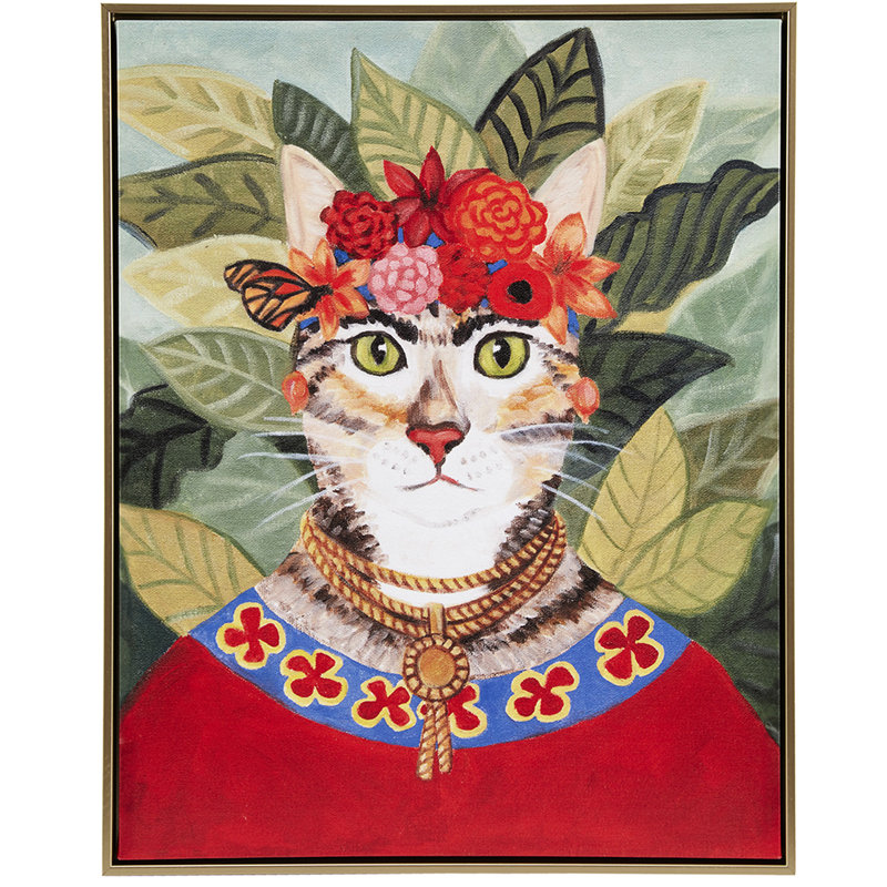 «Dynamic Bohemian Cat In Art», 16,5 po x 20,5 po, cadre doré, tête florale, art mural sur toile, 16,5 po x 20,5 po, intérieur