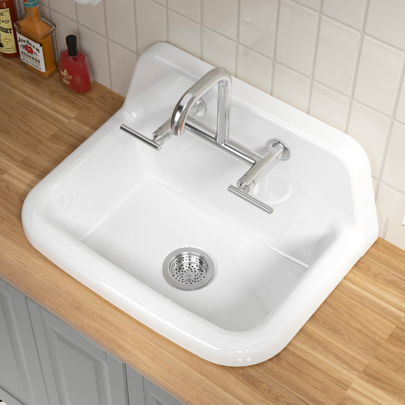 24" W x 17" D High Back Wall Mount Utility Sink White Fireclay with 2 Faucet Hole
