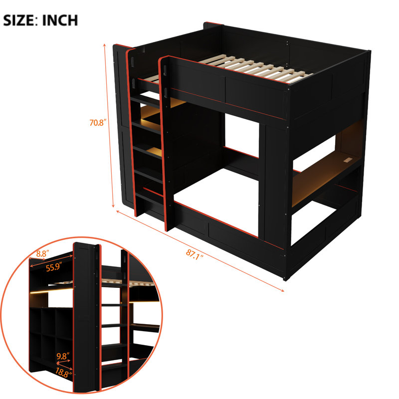Lit superposé double en bois pleine grandeur avec bureau, tablettes de rangement, lumières DEL et station de charge, noir