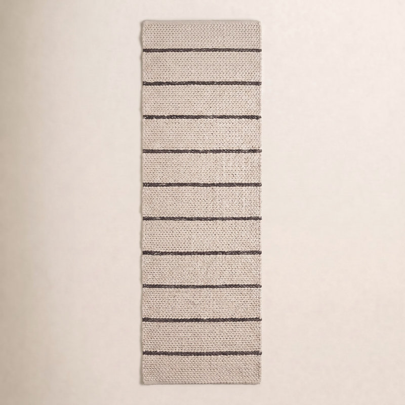 Lemington Ivory Beige Hand-Woven Striped Wool Rug, Runner 2'6" x  8'