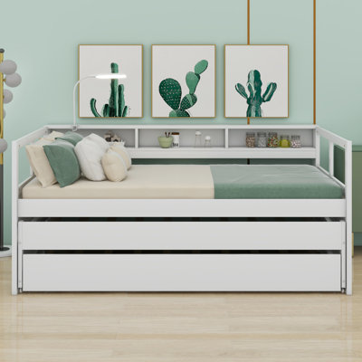 Wood Daybed With 2 Trundles, 3 Storage Cubbies, 1 Light For Free And USB Charging Design