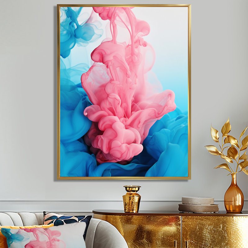 Reproduction d'art abstrait rose, encre liquide, Cadre flottant doré, H 32 po x l 16 po