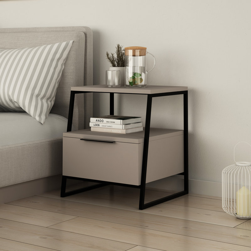 Catinna 1 Drawer Bedside Table | Modern Nightstand with Open Shelf, Light Mocha