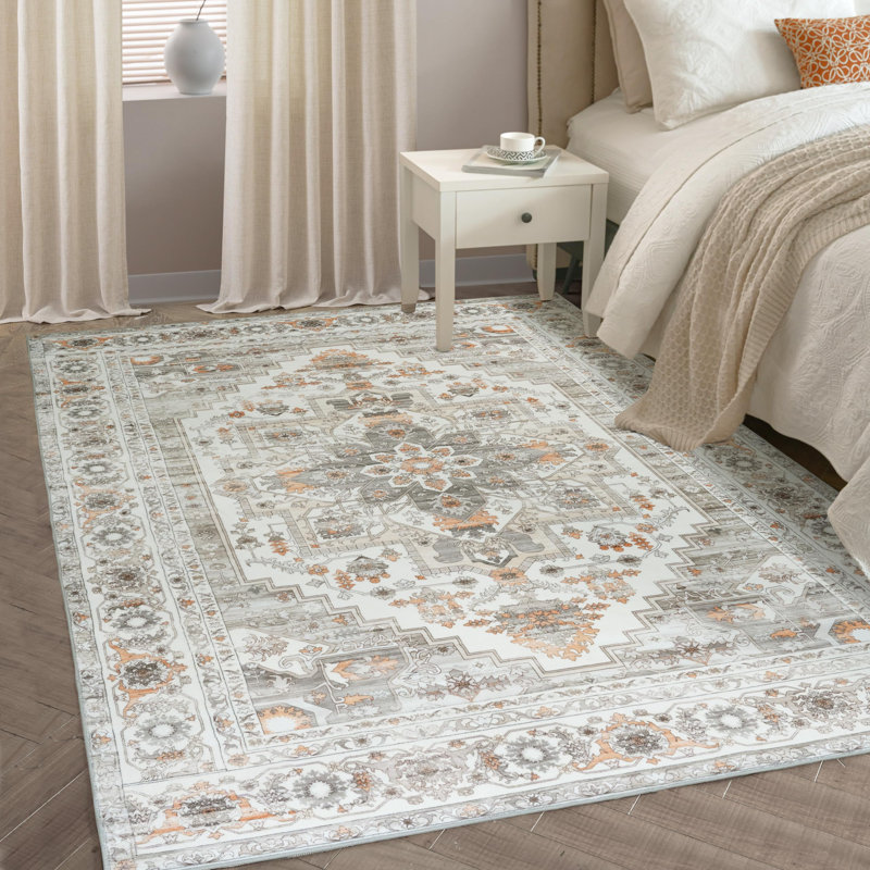 Machine Washable Area Rugs For Living Room Non-Slip Backing Foldable Boho Floral Carpet Rugs, Rectangle 4' x 6'