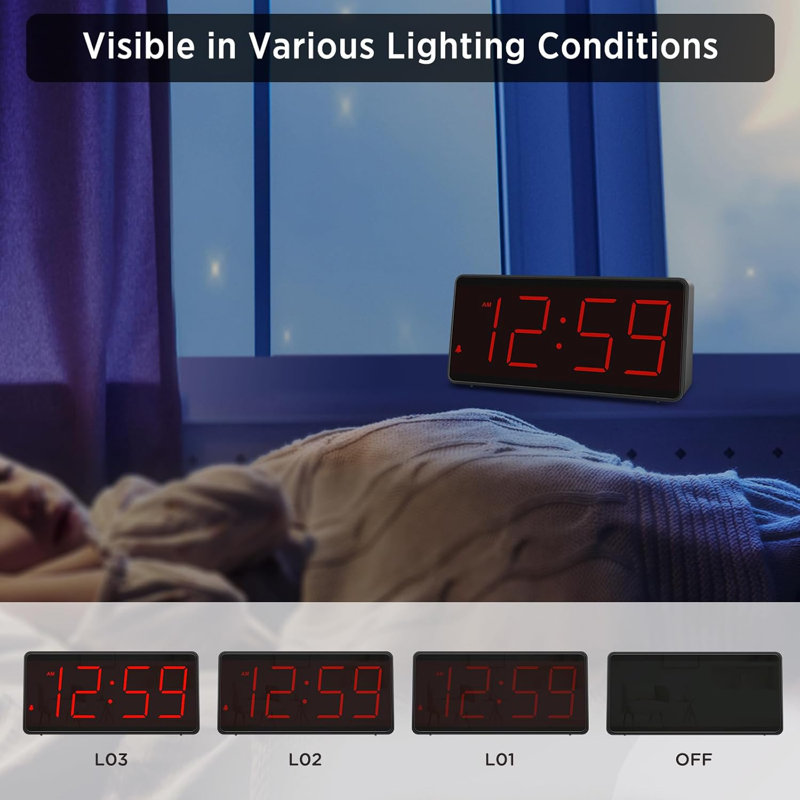 Battery Operated Digital Clock Alarm Clock Cordless Large Big Numbers 4 Dimmers For Seniors Adjustable Volume Loud Alarm Clock For Heavy Sleepers Adults (Red Digits)