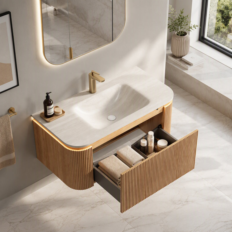 Meuble-lavabo et lavabo 36 po, commode rayée à bords arrondis avec tiroir, capteur de lumière, lavabo intégré en pierre frittée à motif de travertin, pré-assemblé, couleur grain de bois naturel