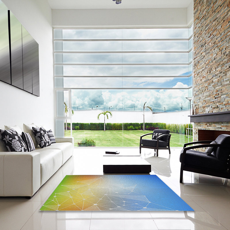 Tapis bleu/vert à motifs, Carré 8 pi