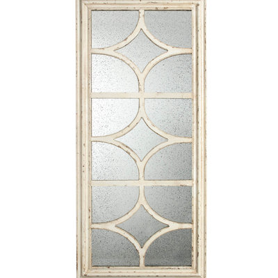 Miroir rectangulaire 28 po x 59 po avec cadre décoratif blanc vieilli, montage horizontal / vertical, miroir fait, option de suspension verticale / horizontale à finition antique