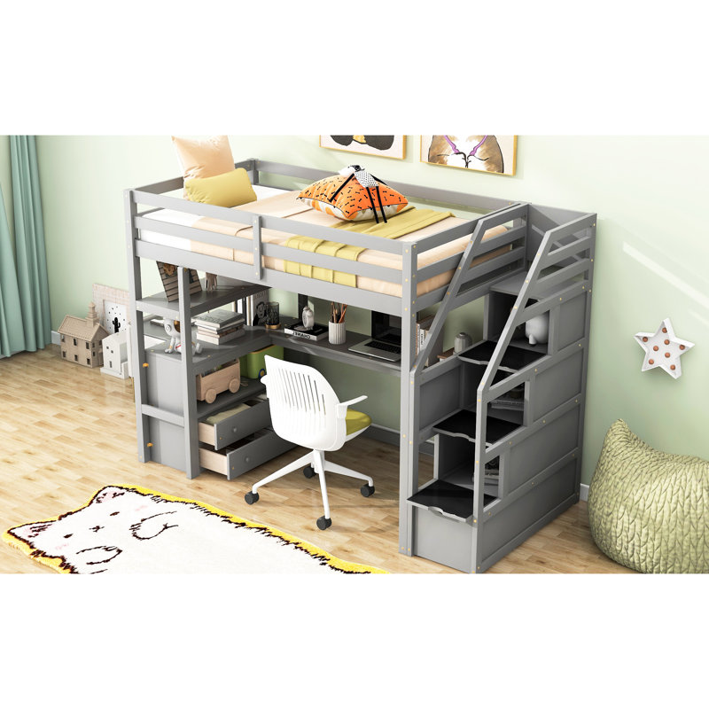 Lit mezzanine simple gris avec bureau, tablettes et escalier de rangement durable, Gris, Lit simple