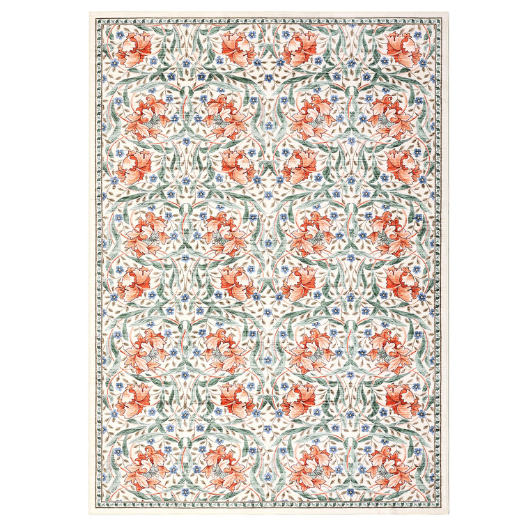 Floral Machine Washable Rug Non-Slip Oriental Floor Cover, Foldable Low Pile Indoor Mat for Kitchen, Office, Living Room