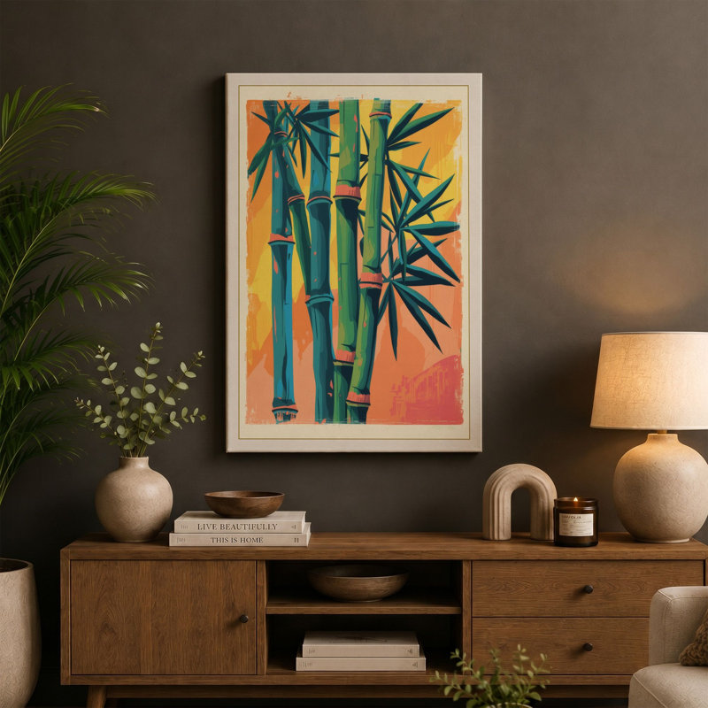 Three Bamboo Stalks Botanical - Wrapped Canvas, 18x12 - 45.7 x 30.5 cm, Ochre Border