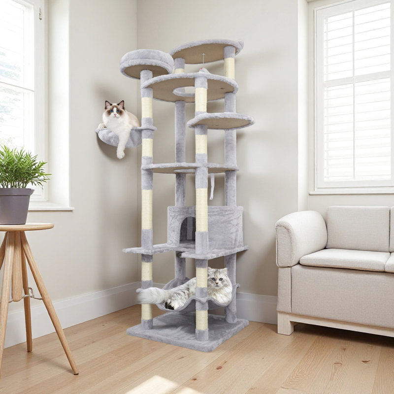 Arbre à chat gris Cy13 - Structure stable avec poteaux et base renforcée, enveloppé pour les égratignures, 3 condos confortables, 2 perchoirs à rebords surélevés, système de divertissement à billes Jinging, installation facile et rapide