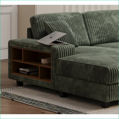 Sectional Sofas, Modern Forest Green Corduroy U-Shaped 4-Seat with Storage for Living Room | Forest Green | Wood
