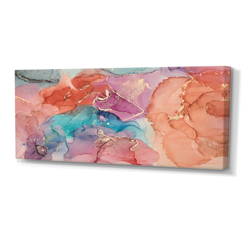 Bleu et brun, luxe abstrait, fluide, peinture à l'huile - Peinture sur toile, H 28 po x l 60 po, Toile tendue