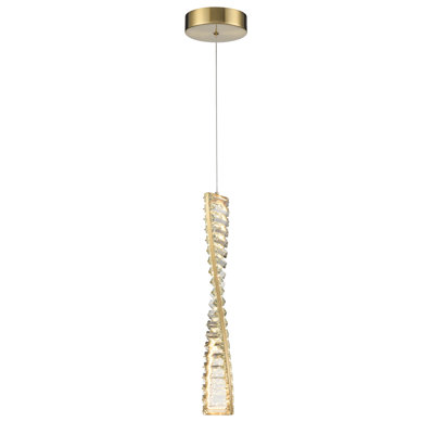 Aged brass finish LED pendant featuring twisted metalwork adorned with rectangular crystals