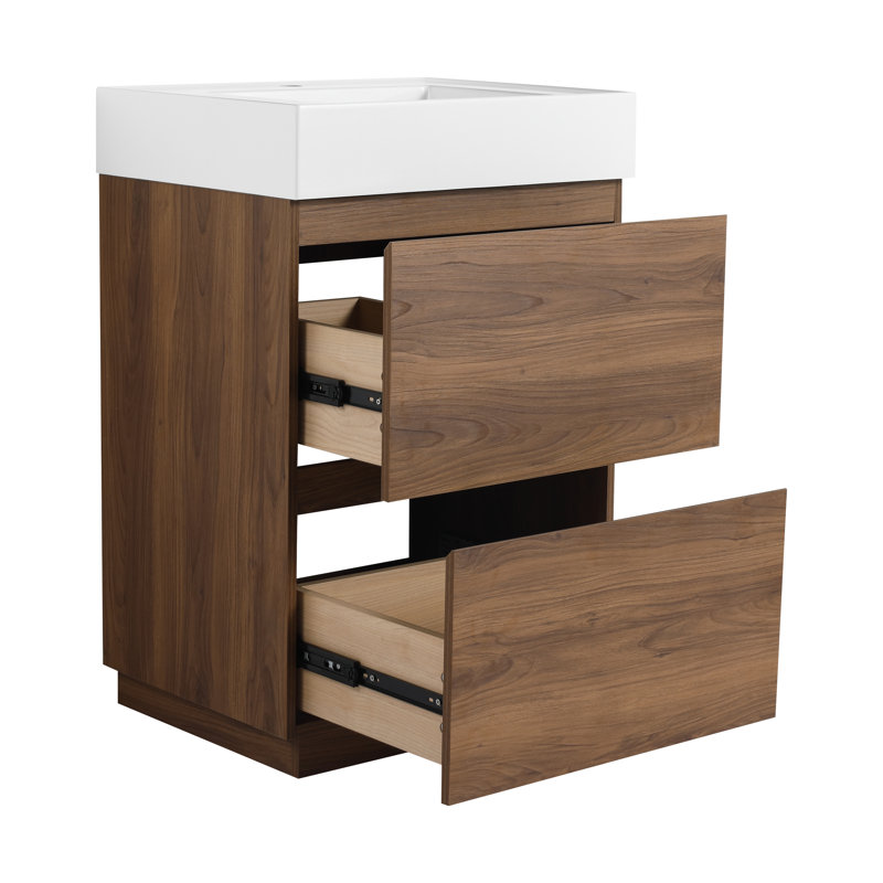 Ensemble de meuble-lavabo simple autoportant 24 po avec lavabo en résine, 24 po et 2 tiroirs, Brun ébène