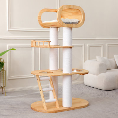 Tour pour arbre à chat moderne de 63 po de hauteur, arbre à chat en bois de luxe pour grands adultes, tour à chat robuste avec poteaux à griffer en sisal, mobilier pour chat à plusieurs niveaux avec coussin, bol transparent pour chats du Maine 