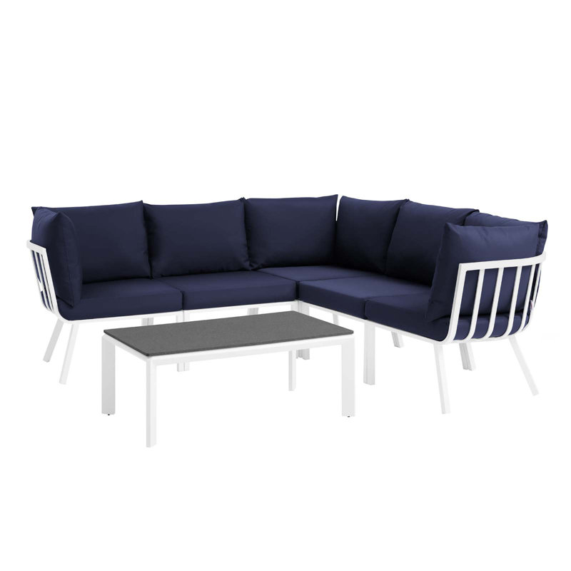 Ensemble de patio extérieur en aluminium 6 pièces Riverside par Modway, Bleu marine, Blanc