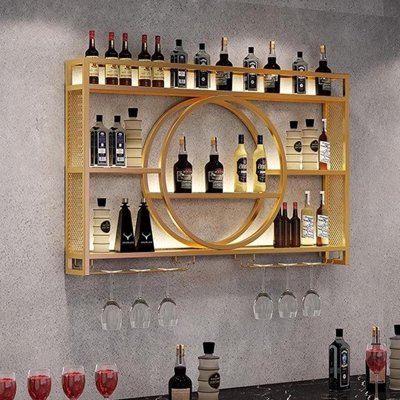 Wine Rack Wall Mounted With Wine Glass Rack Floating Bar Shelves For Liquor Bottles With LED Light Liquor Bottle Display Shelf Wall Bar Cabinet Mini Bar For Home Bar Dining Room Kitchen Living Room(Gold)