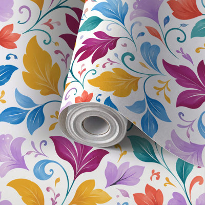 Papier de contact à peler et coller avec feuilles de fleurs abstraites et colorées, tourbillonnant, auto-adhésif et amovible 24 po x 118 po (60 x 300 cm)
