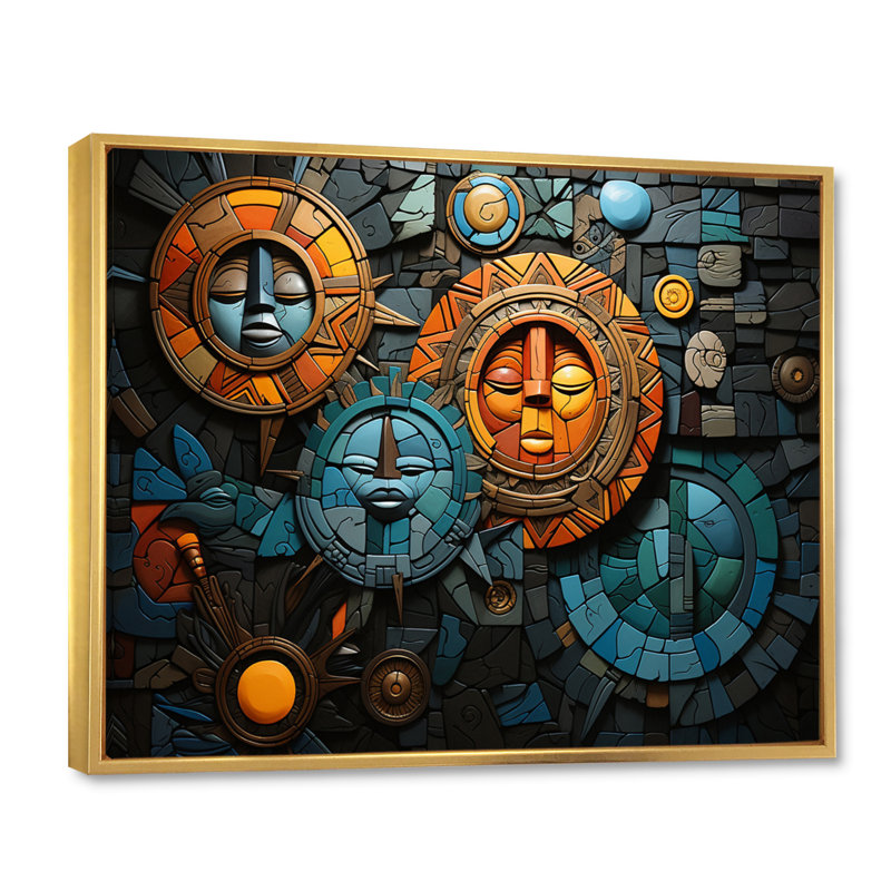 Art africain, mosaïque, 34" H x 44" W, Cadre flottant doré