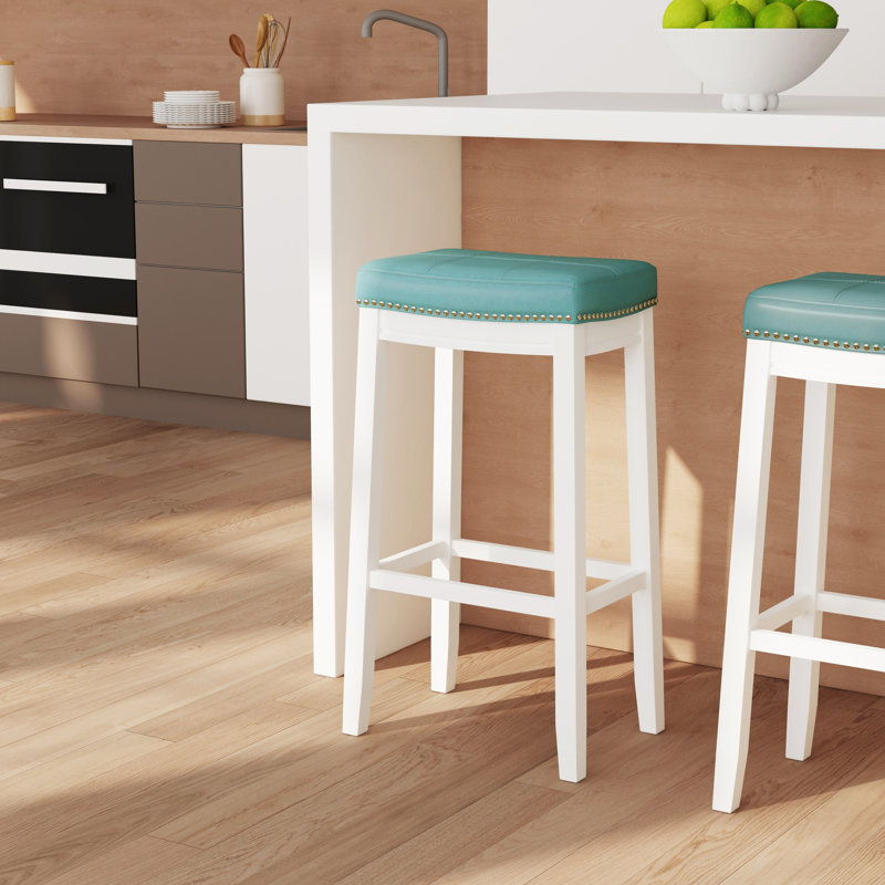 Tabouret de comptoir et de bar en bois massif sans dossier avec siège rembourré Bartonville, Sarcelle similicuir / Blanc