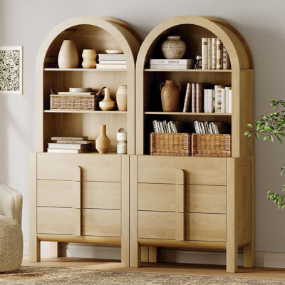 71" Tall Arched Bookshelf Set Of 2, Modern 3 Tier Bookcase With Open Storage, Wooden Display Cabinet With Drawer And Shelves, Versatile Bookshelf For Living Room, Study, Office