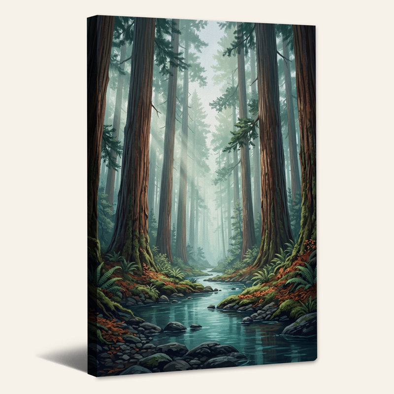 Art mural sur toile, "Misty Forest Stream" avec fougères ensoleillées, H 24 po x l 16 po