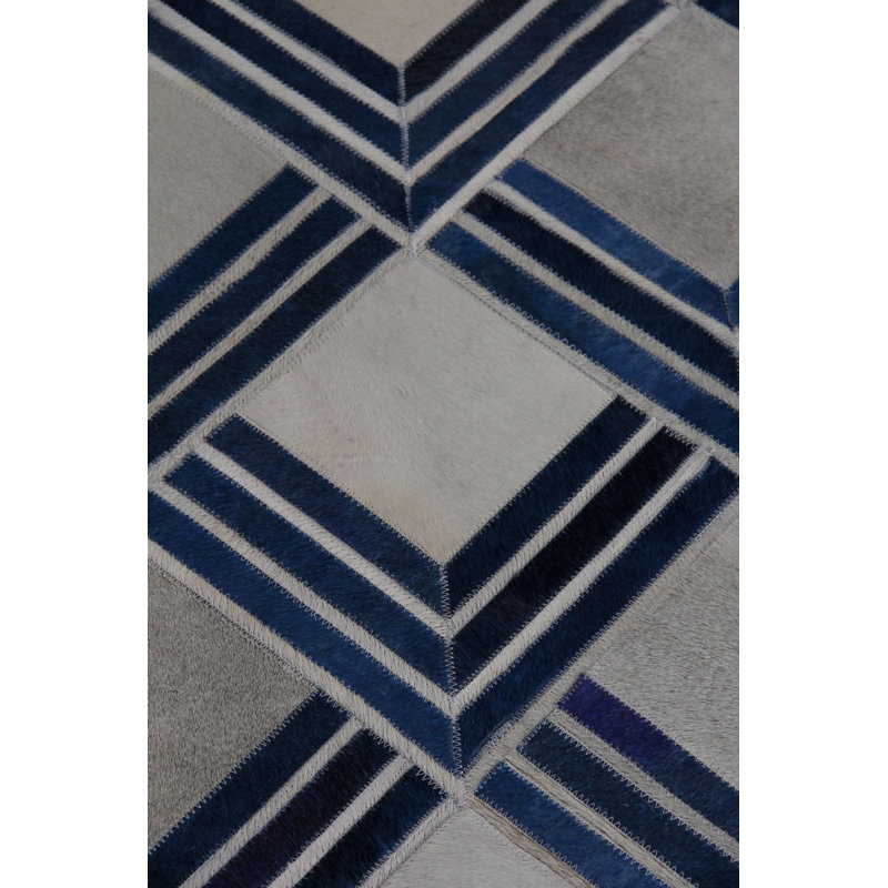 Natural Hide Cowhide Geometric Area Rug in Navy, Rectangle 5' x 8'