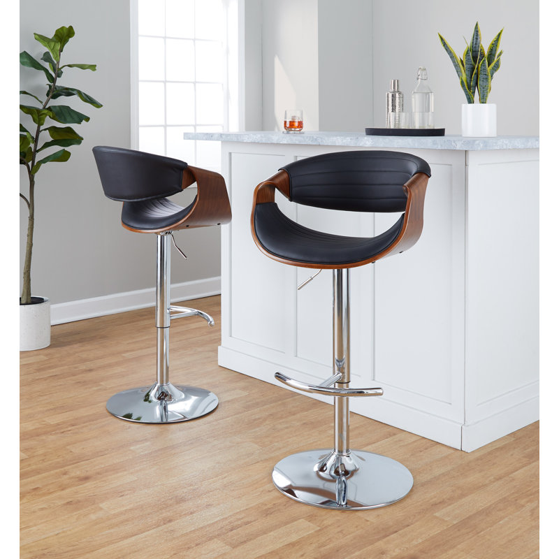 Lakyia Adjustable Faux Leather Bar Stool with Rounded T Footrest (Set of 2), Black/Walnut Wood, Chrome