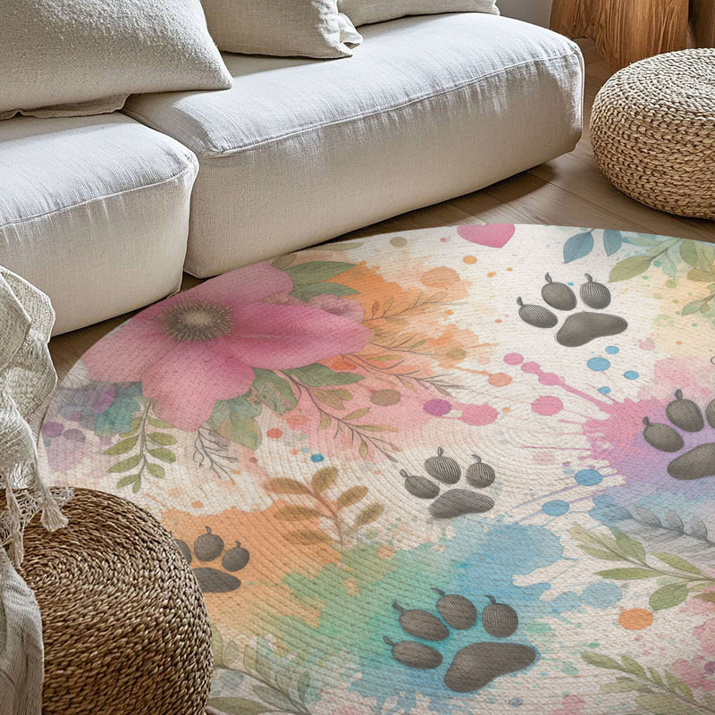 Tapis tressé amusant Pup Paw Splatter, Rond 5 pi