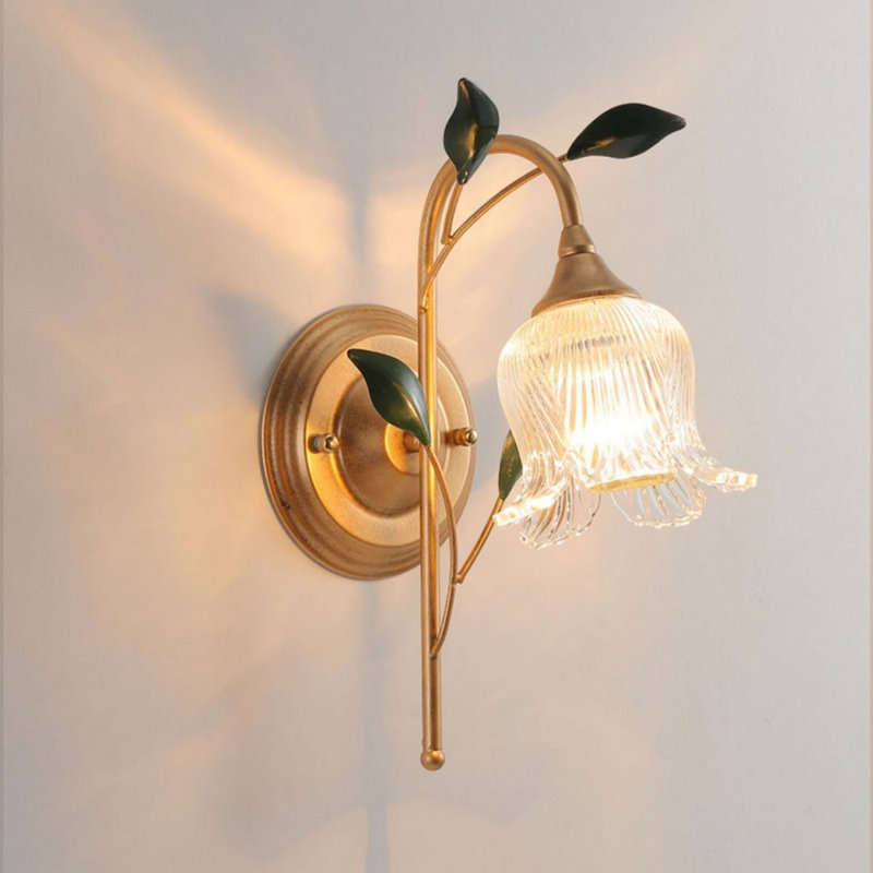 Vintage Bell Flower Glass Wall Sconce - Antique Gold Leaf Accent Lighting