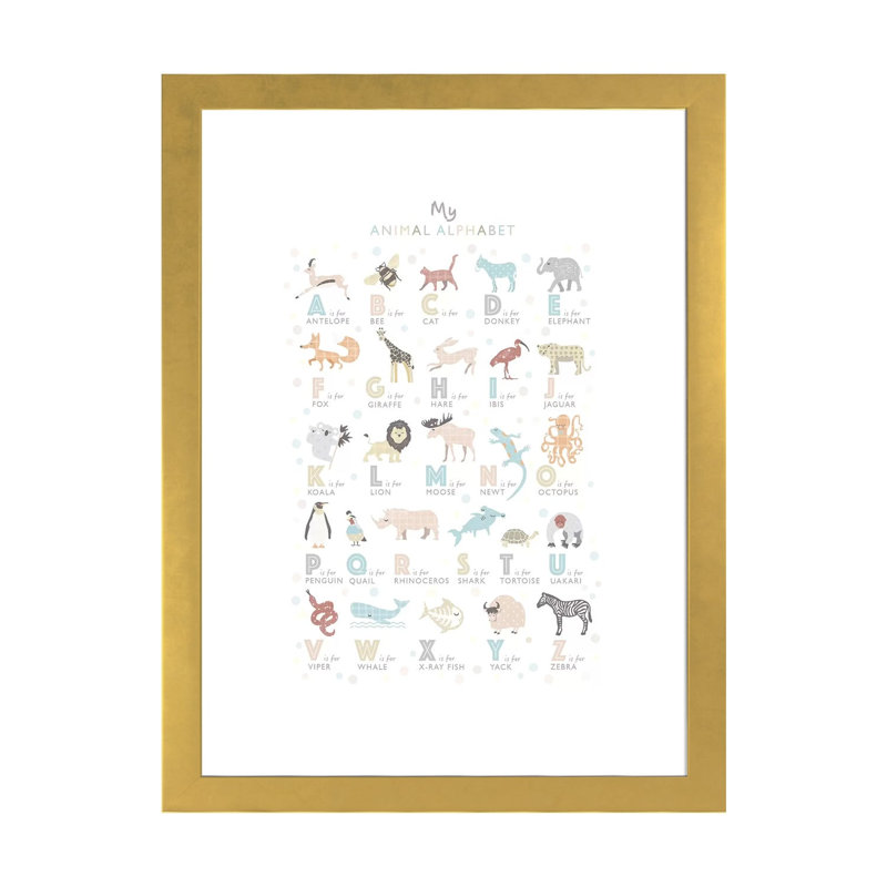 «Neutral Animal Alphabet», reproduction d'impression, H 24 po x l 16 po x P 1 po, Papier encadré doré, Blanc