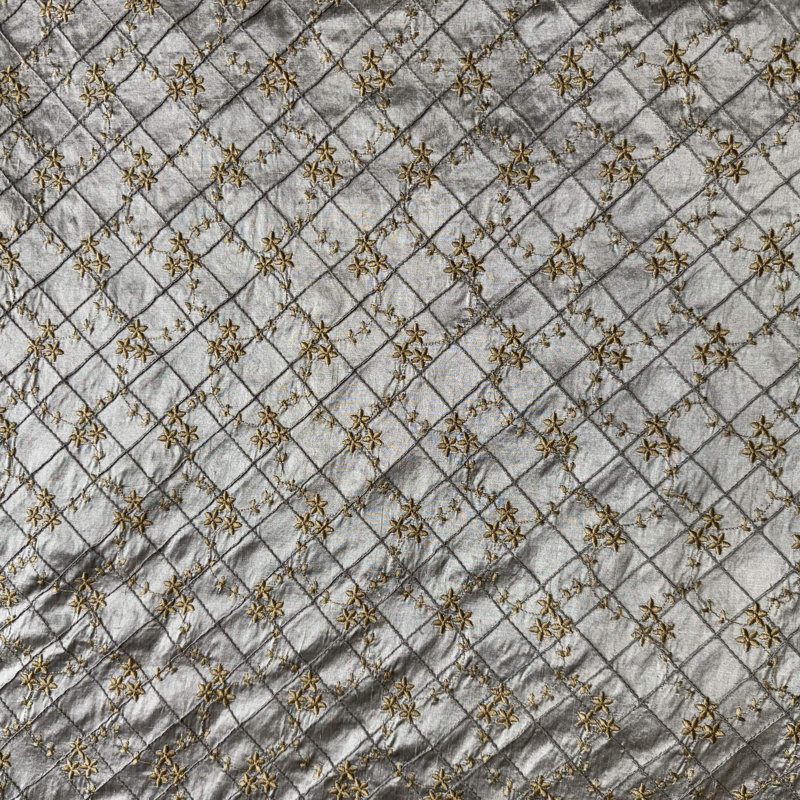 Orissa Fabric | Small Diamond Floral Embroidered Silk Fabric | Drapery & Curtain Fabric, Putty