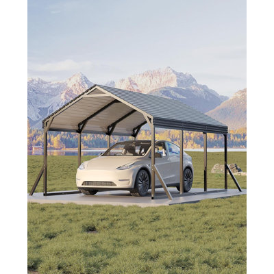 Metal Carport with Reinforced Frame - 19-Gauge Steel Roof & 130° Pitch - All-Weather Shelter for Sedans, SUVs, Boats - Wind Resistant up to Beaufort 10 - Includes Anchors & Stakes