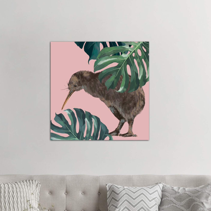 Kiwi oiseau avec monstera art, H 12 po x l 12 po x P 1,5 po, Toile tendue