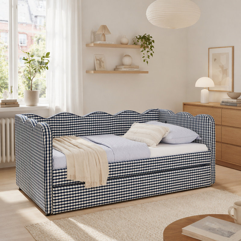 Cozy Gingham Daybed With Trundle  Sofa Bed No Box Spring Needed, Navy