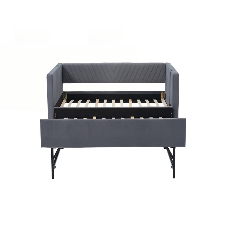 Lit de jour simple rembourré avec lit gigogne, port USB, poches latérales, dossier à grain en V moderne, aucun sommier nécessaire pour la chambre à coucher et la chambre d'amis
