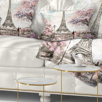 Printed Eiffel with Pink Flowers Lumbar Pillow