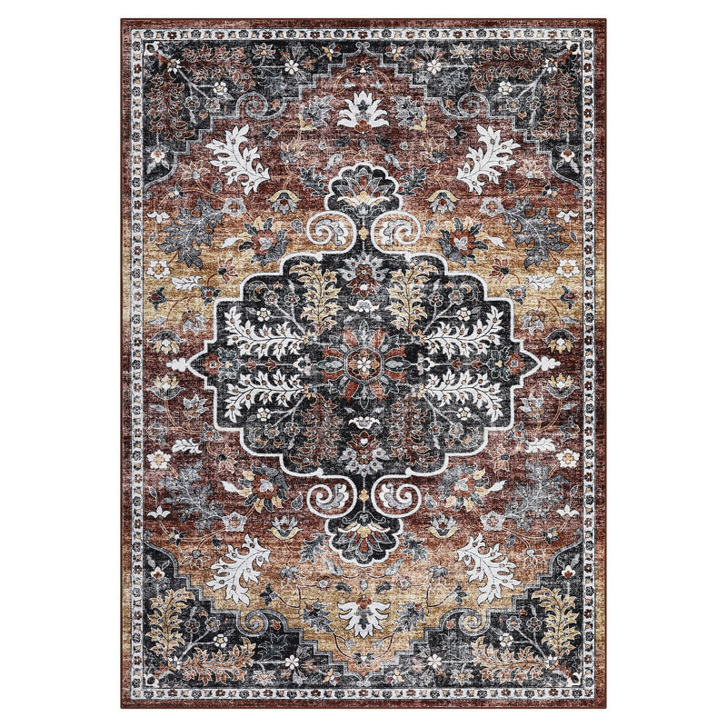 Machine Washable Rug with Rubber Backing for Living Room Vintage Non-Slip Dining Room Rug Easy-Cleaning Floor Carpet for Bedroom Playroom