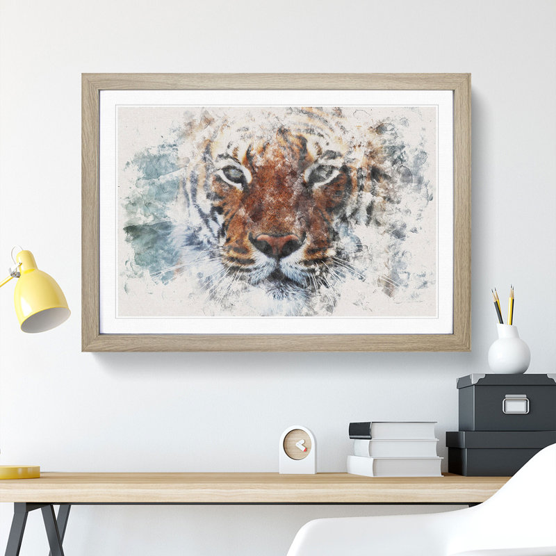 Tiger in the Blue Watercolour 1 Piece Single Picture Frame Wall Art on MDF, 62cm H x 87cm W x 2cm D, Oak Framed