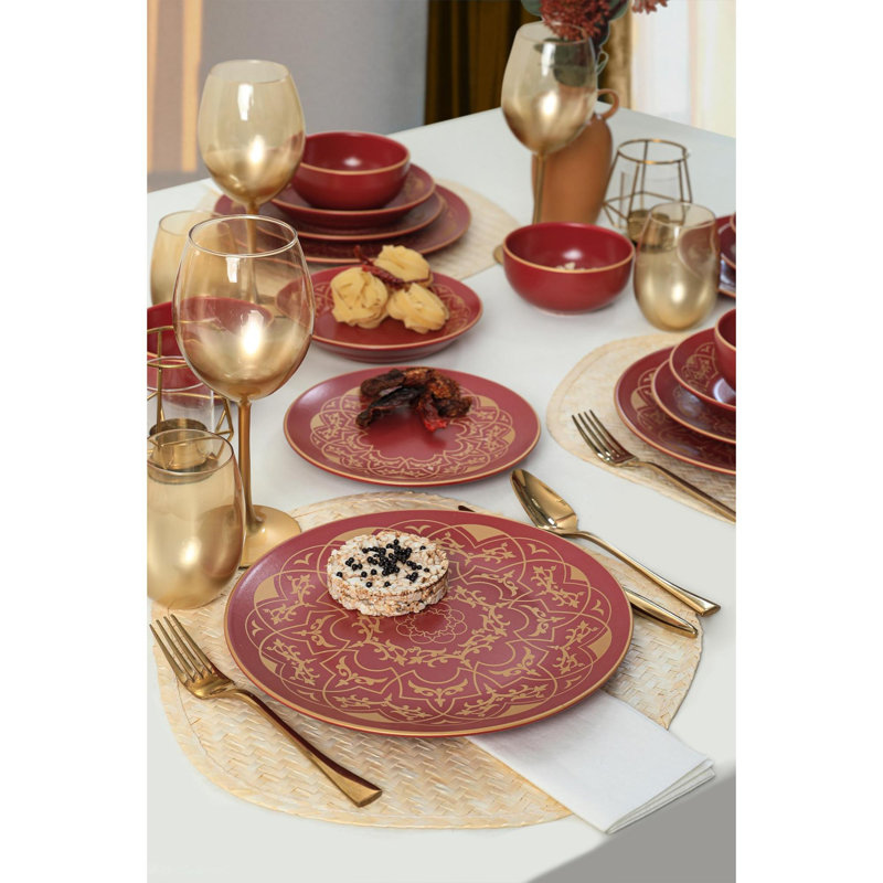 Elegant Ceramic Dinner Set (24 Pieces) - Red & Gold | 100% Antibacterial Ceramic, Water-Resistant | Includes 6 Service Plates (10.2 in), 6 Dinner Plates (7.5 in), 6 Bowls (4.7 in), 6 Dessert Plates (7.9 in) | Easy to Clean, Dishwasher Safe up to 122°F