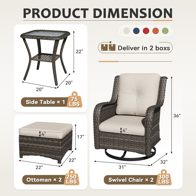 Osage 5-Piece Outdoor Swivel Glider Set with Cushions, Ottoman & Side Table, Beige