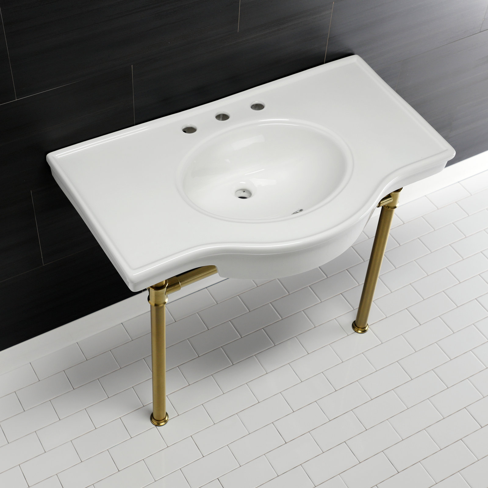 Kingston Brass Templeton 37-Inch Ceramic Console Sink with Stainless Steel Legs (8-Inch, 3-Hole), Brushed Brass