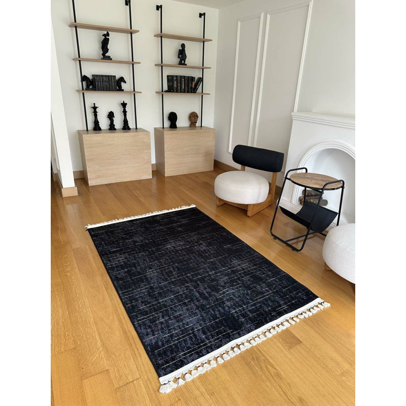 Coton imprimé rayé noir Toscana Tapis chenille antidérapant, Rectangle 5 pi 3 po x 8 pi 10 po