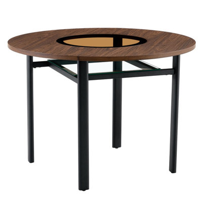 42 Inch Modern Minimalist Round Dining Table, Brown Wood Grain Tabletop with Glass Inlay, Sturdy Metal Support Bracket, Multipurpose Dinner Table Seats 4-6 People for Indoor Home Scenarios